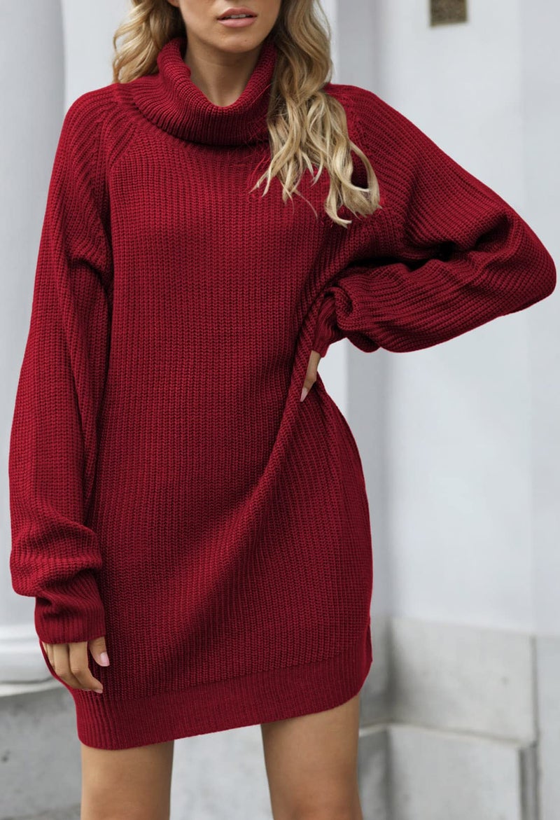 Pink Queen Women's Loose Turtleneck Oversize Long Pullover Sweater Dress Wine Red XL - Image 2
